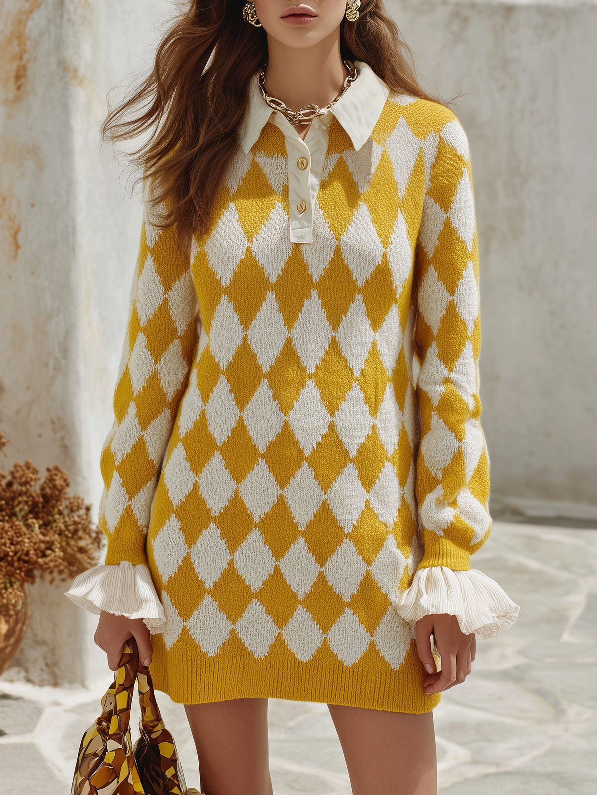 Faux Two-Piece Argyle Knit Mini Dress