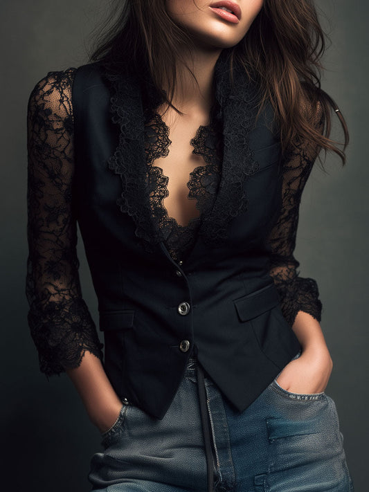 Ensemble blouse à manches en dentelle et gilet