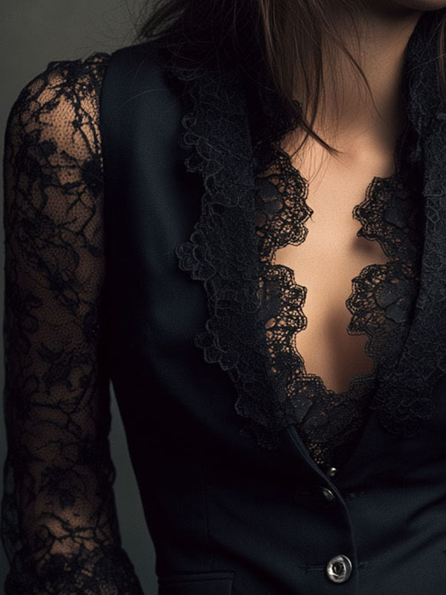 Ensemble blouse à manches en dentelle et gilet