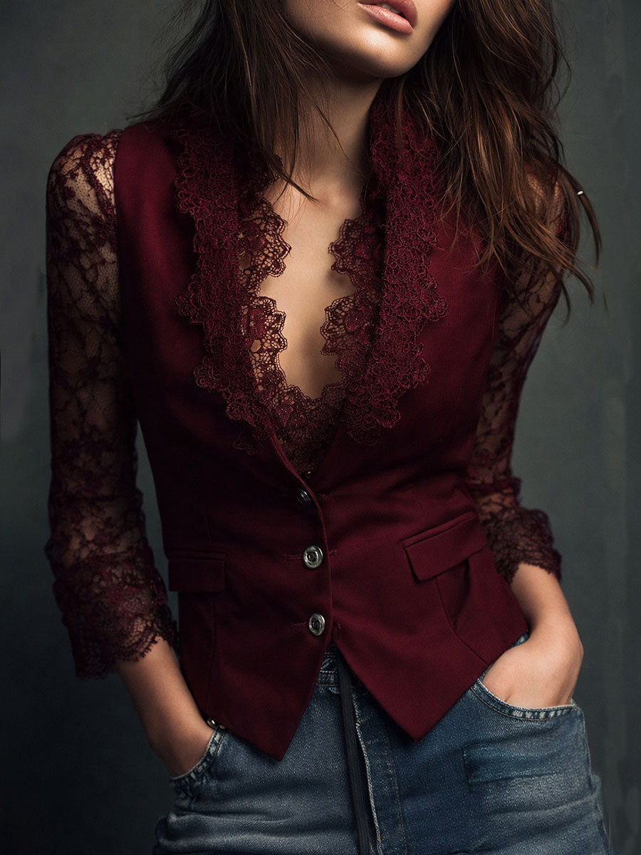 Ensemble blouse à manches en dentelle et gilet