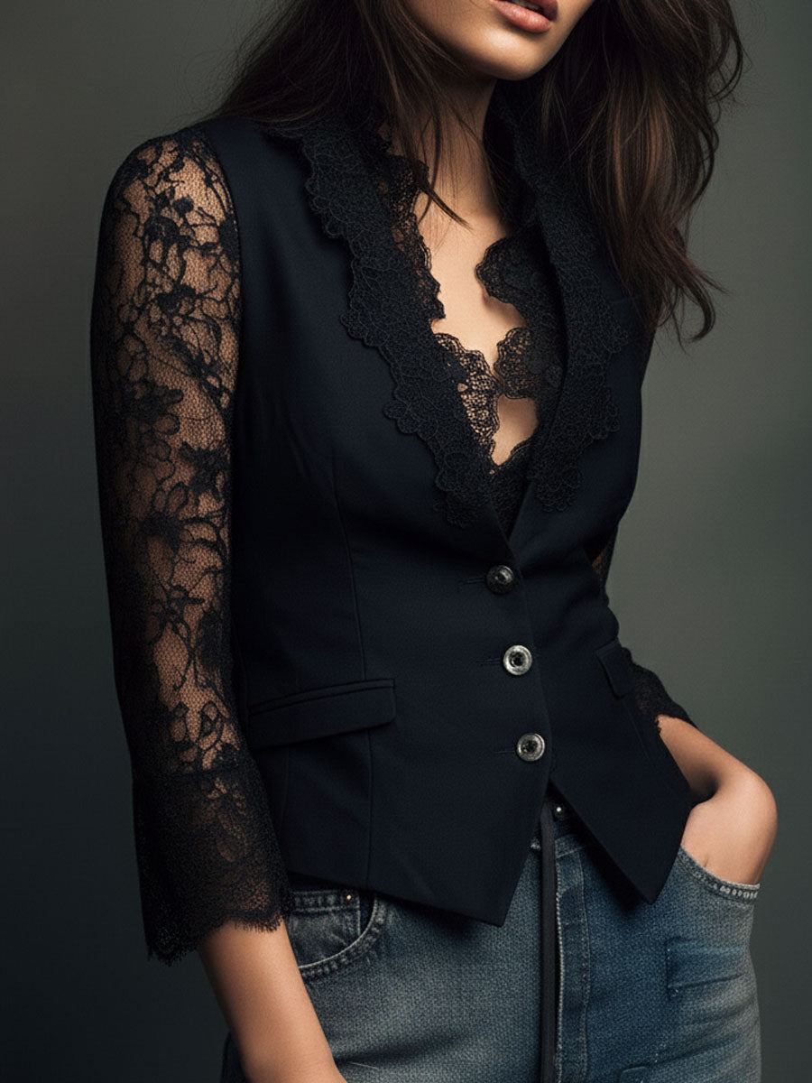 Ensemble blouse à manches en dentelle et gilet
