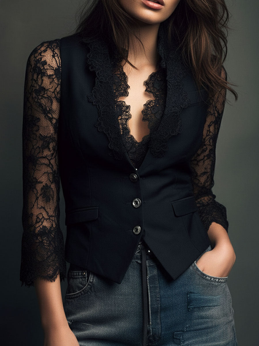 Ensemble blouse à manches en dentelle et gilet