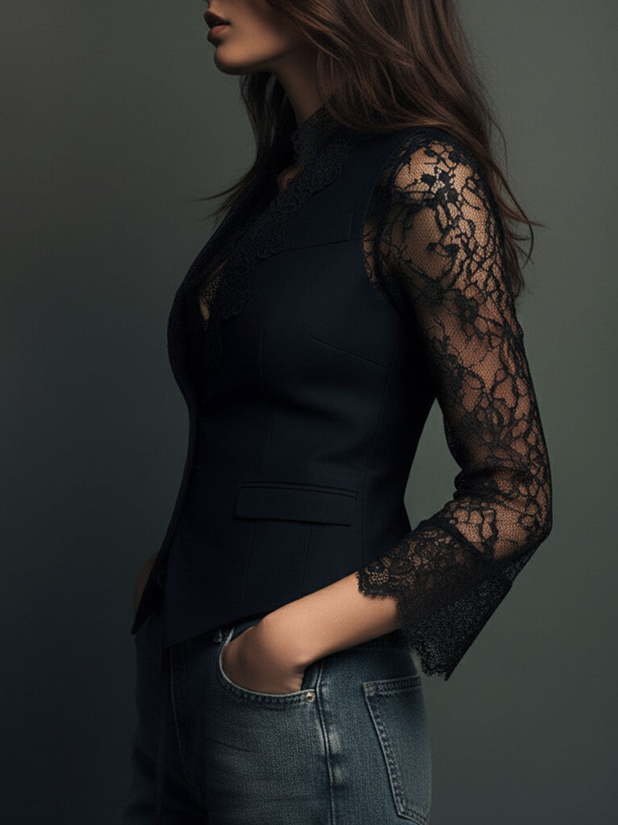 Ensemble blouse à manches en dentelle et gilet