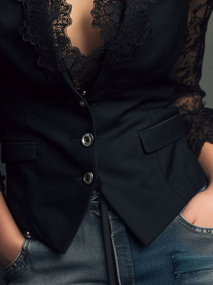 Ensemble blouse à manches en dentelle et gilet